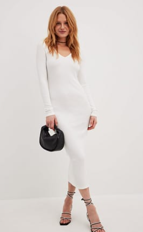 V-Neck Ribbed Midi Dress