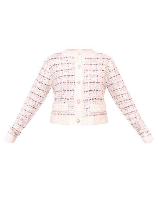 Multi Contrast Boucle Knit Button Up Cardigan