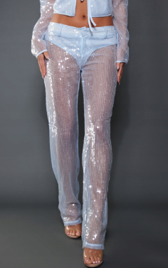 Pale blue sequin flared tailored trousers