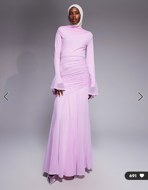 ASOS DESIGN stretch chiffon ruched draped waist maxi dress with fluted sleeve in baby pink