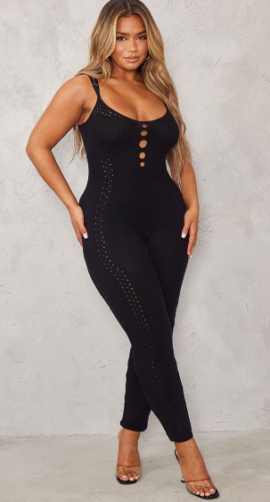 Shape Black Knit Laser Cut Detail Strappy Jumpsuit