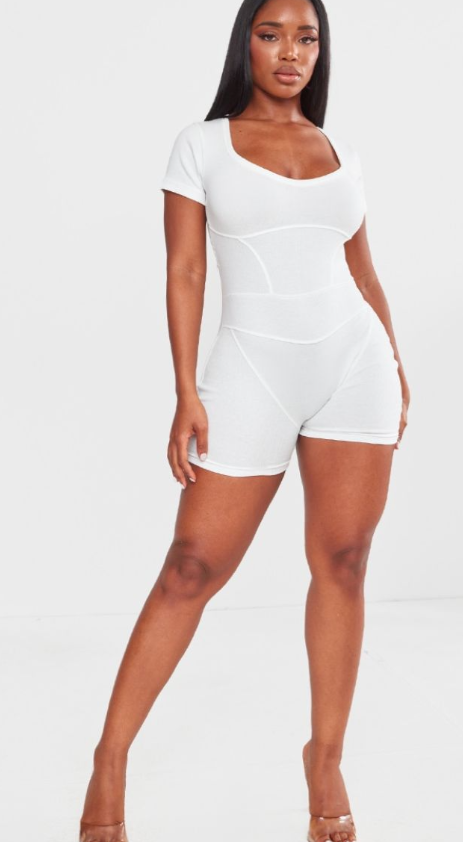 Shape Cream Rib Seam Detail Short Sleeve Unitard