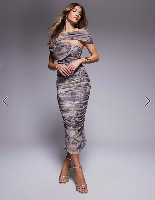 ASOS DESIGN mesh bardot ruched midi dress in dark marble print