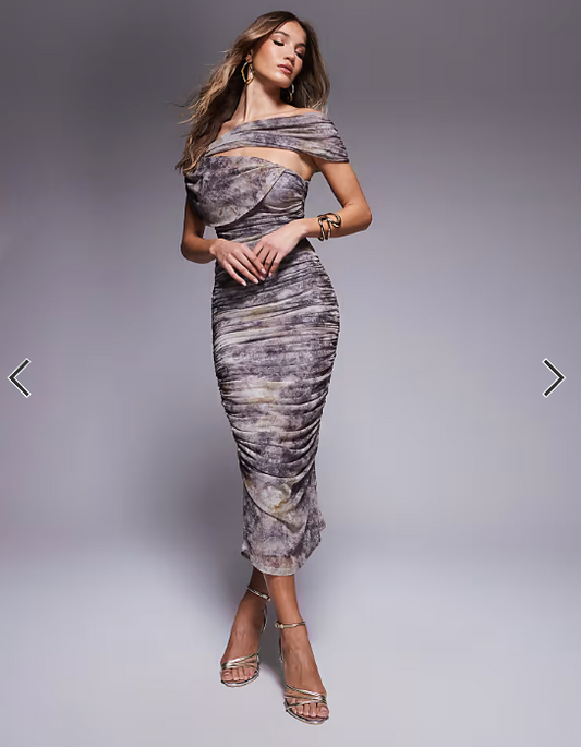 ASOS DESIGN mesh bardot ruched midi dress in dark marble print
