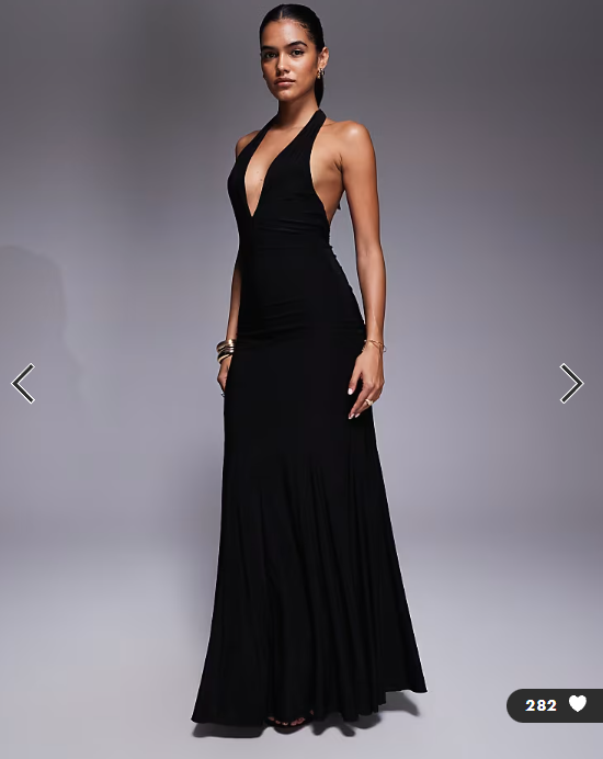 Fashionkilla exclusive double sculpted slinky plunge halterneck godet hem maxi dress in black