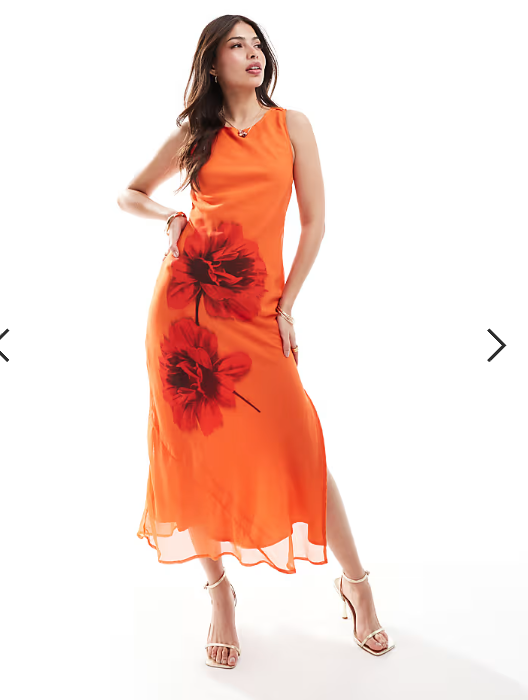 ASOS DESIGN placement print column midi dress in orange floral print