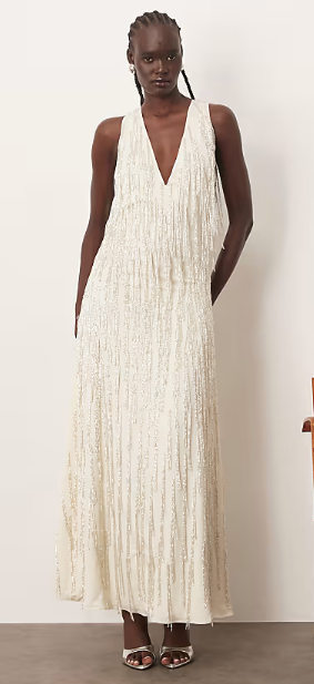 Asos - ARRANGE beaded fringe maxi dress with splits in winter white