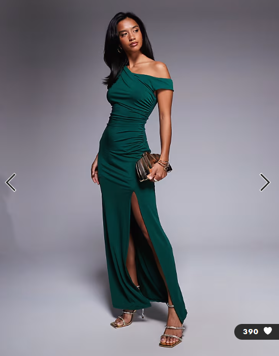 TFNC Petite one shoulder midaxi dress with thigh split in emerald