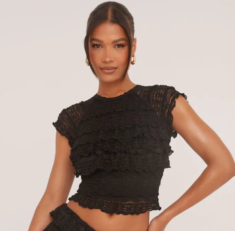 All Over Frill Raglan T-Shirt In Black Texture