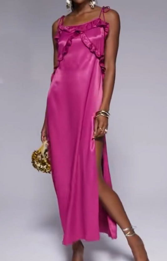 Asos - satin ruffle detail maxi slip dress in rose pink