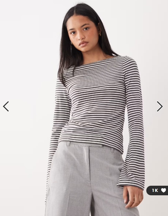Weekday Annie super soft boat neck long sleeve top in off-white & mole stripe
