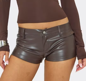 Ego - Low Rise Hotpant Shorts In Chocolate Faux Leather
