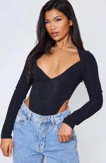 Black Stretch Woven High Rise Plunge Long Sleeve Bodysuit