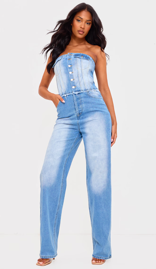 Tall Light Blue Wash Button Up Bandeau Denim Jumpsuit