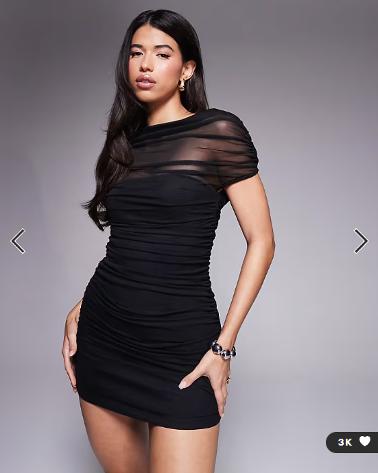 ASOS DESIGN draped shoulder mesh mini dress with ruching in black