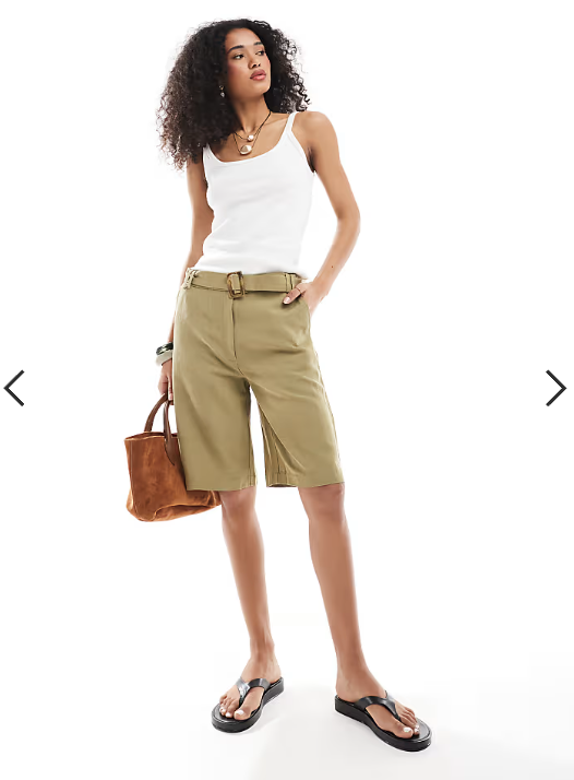 ASOS DESIGN tailored longline belted city shorts with linen in khaki