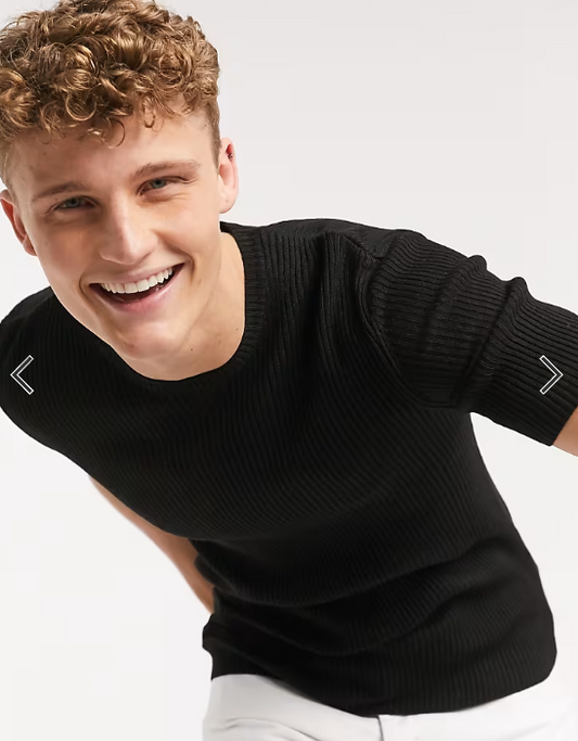 ASOS DESIGN knitted muscle fit ribbed t-shirt in black