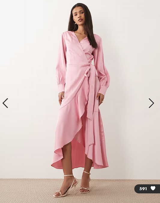 Vila long sleeve satin wrap midi dress in light pink