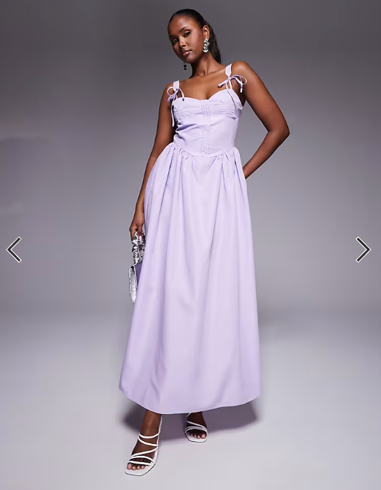 Kaiia exclusive cotton rich poplin corset tie strap detail gathered skirt maxi dress in lilac