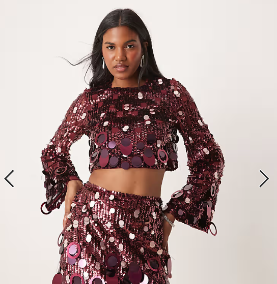 ASOS EDITION embellished sequin long sleeve crop top co-ord in burgundy
