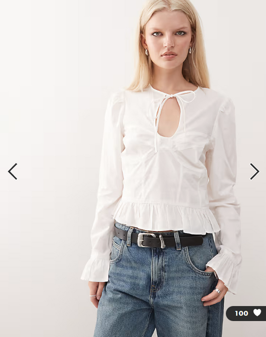 Monki keyhole long sleeve top with peplum detail in white