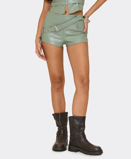 Ego - Mid Rise Belt Detail Shorts In Sage Green Faux Leather