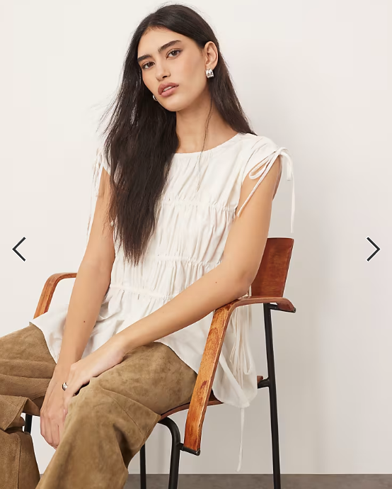 ARRANGE clean cotton ruched top with drawstring detail in white