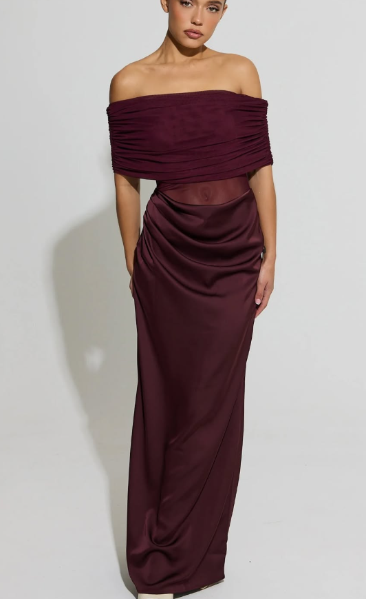 Aria Cove - bardot sheer panel drape detail fishtail satin maxi dress in burgundy