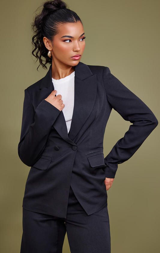 Black Woven Pocket Detail Double Breasted Blazer