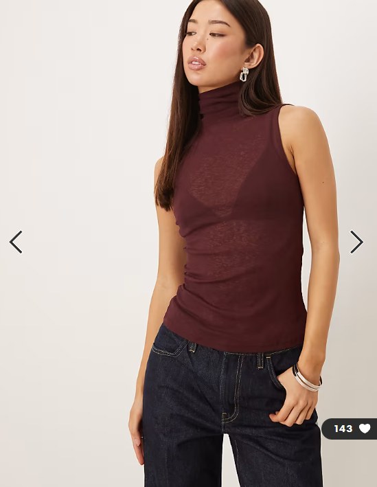 ASOS DESIGN gauzy sheer mesh roll neck sleeveless top in burgundy