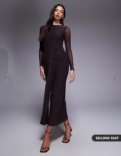 ASOS DESIGN mesh long sleeve slash neck open back maxi dress with sash in chocolate