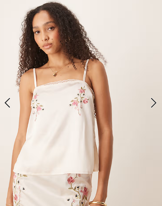 ASOS DESIGN flower embroidered satin cami top