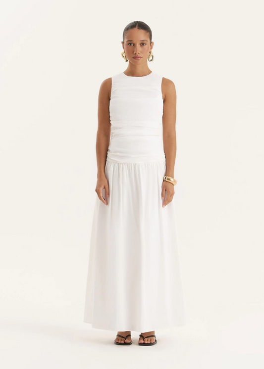 4th & Reckless White Cotton Poplin Drop Waist Maxi Dress