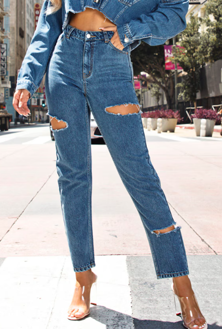 Mid Blue Thigh Split Straight Leg Jeans