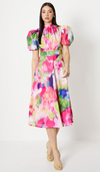 Blurred Floral Puff Sleeve Midaxi Dress