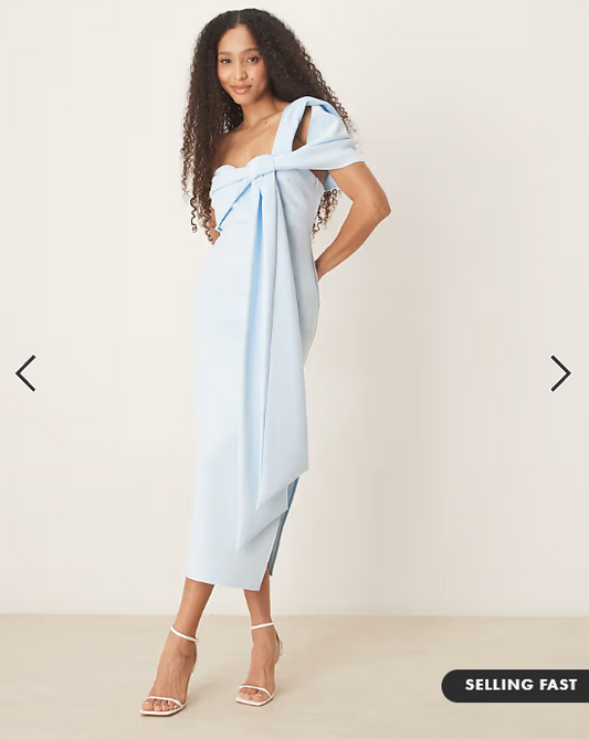 ASOS DESIGN off shoulder bow detail midi dress in light blue in scuba-style fabric