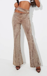 Plt - Brown Acid Wash Frayed Edge Cut Out Asymmetric Flared Denim Jeans