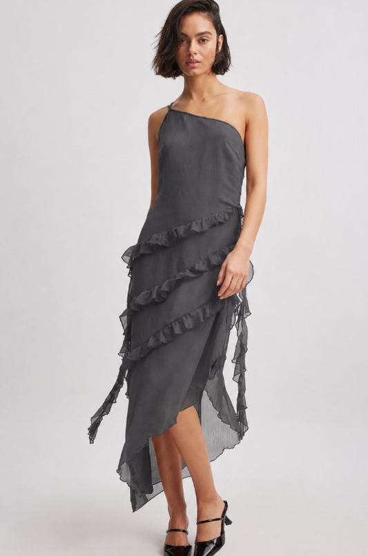 Na-kd - ruffle chiffon midi dress in grey