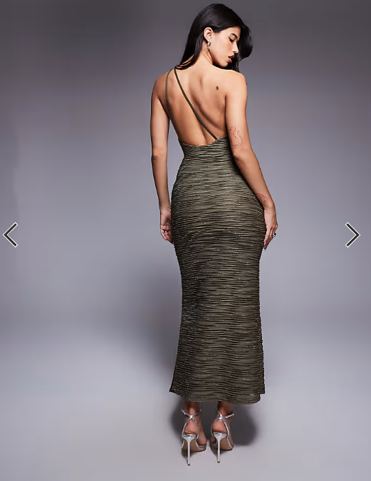 ASOS DESIGN drape waist blue shimmer plisse maxi dress in khaki