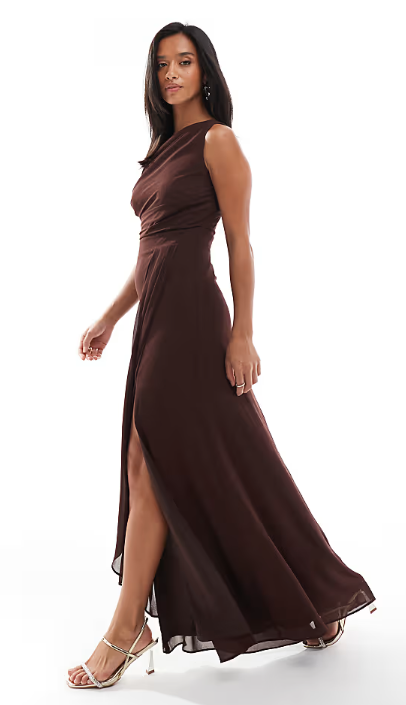 Asos - TFNC Petite Bridesmaid chiffon maxi dress with wrap skirt in chocolate