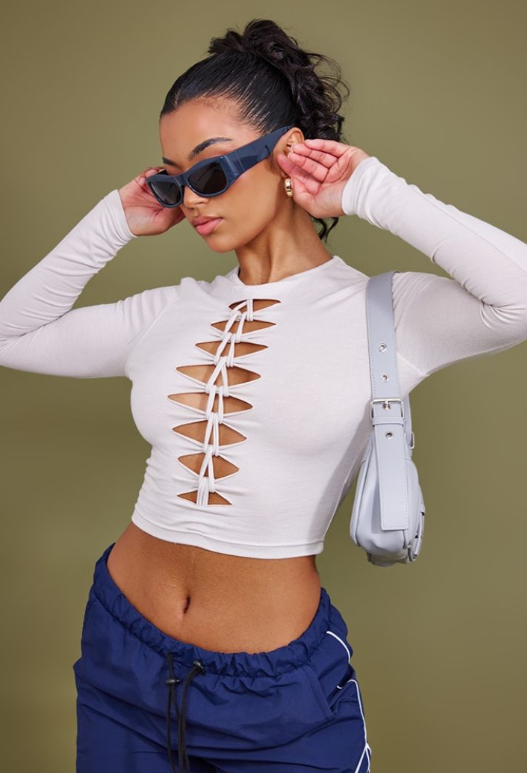 Stone Jersey Slit Knot Front Crop Top