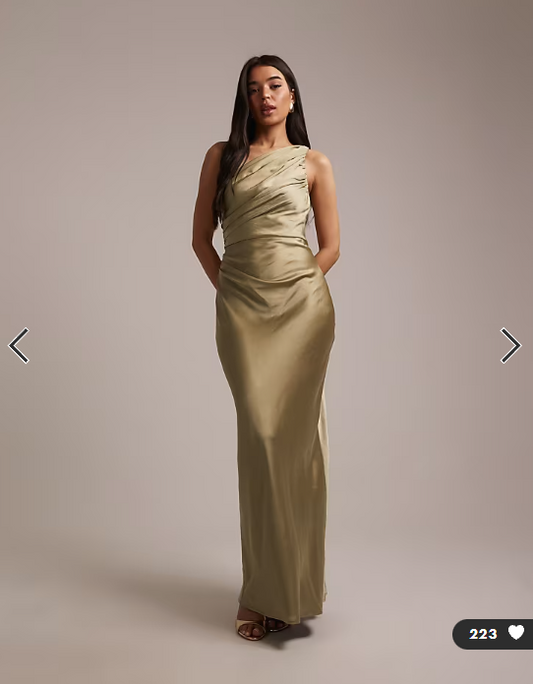 Pretty Lavish Bridesmaids Juliet satin gathered one shoulder maxi dress in olive green