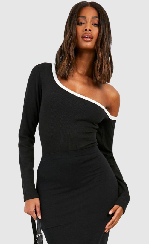 Boohoo Premium Contrast Rib Off The Shoulder Bodysuit - black