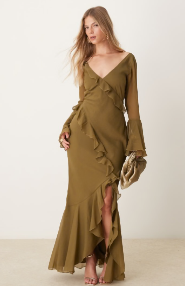ASOS DESIGN v neck long sleeve ruffle maxi dress with cut out back in khaki green
