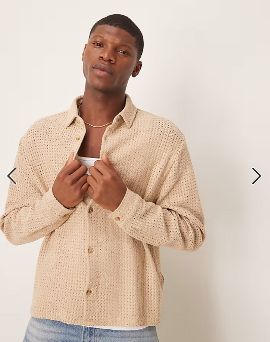 ASOS DESIGN boxy oversized shirt with knitted textured in stone