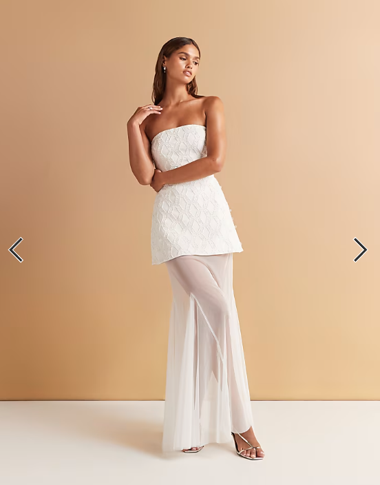 ASOS DESIGN cutwork embellished structured maxi dress with sheer full skirt in white