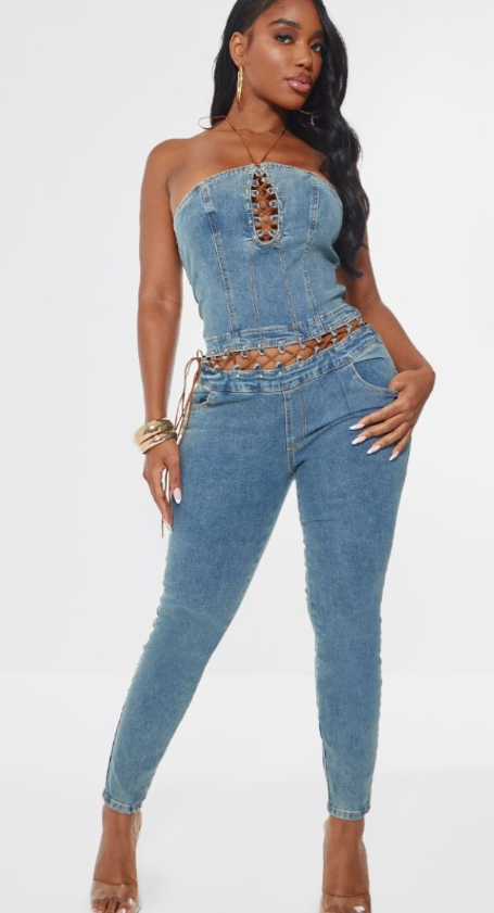 Shape Light Blue Wash Denim Bandeau Lace Up Detail Jumpsuit