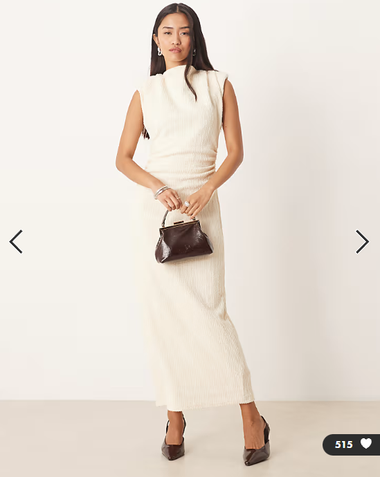 ASOS DESIGN boucle sleeveless shoulder pad ruched midi dress in neutral