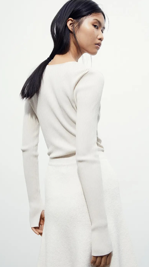 H&m - RIB-KNIT SWEETHEART-NECK TOP- Cream