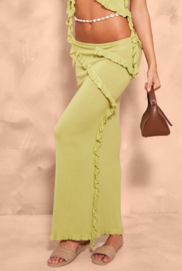 Dark Olive Rib Knit Frill Detail Maxi Skirt
